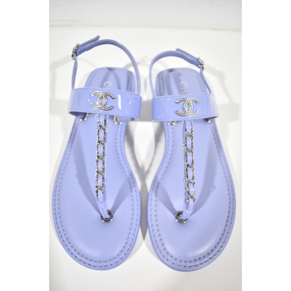 Chanel 22C Purple Patent Silver Chain CC Logo Mule Slide Flat Thong Sandal 37 - Picture 6 of 12